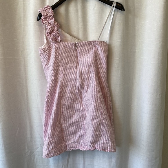 Lilly Pulitzer Vivienne Ruffle One Shoulder Dress Pink And Whir Seersucker Sz 4 - Picture 9 of 13